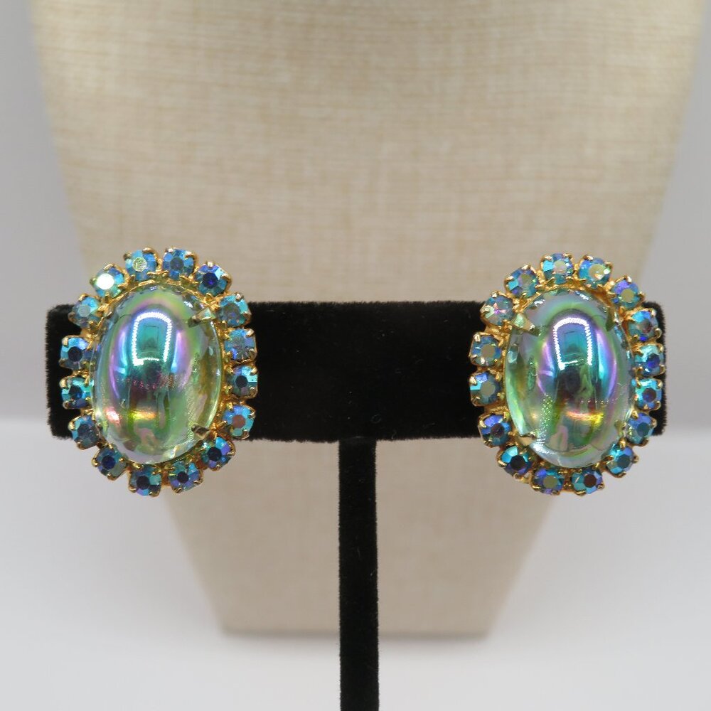 Vintage Clip-on AB Rhinestone Earrings Gold Tone